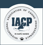 Round navy seal reading International Association of Canine Professionals, IACP, In Safe Hands, with a paw print