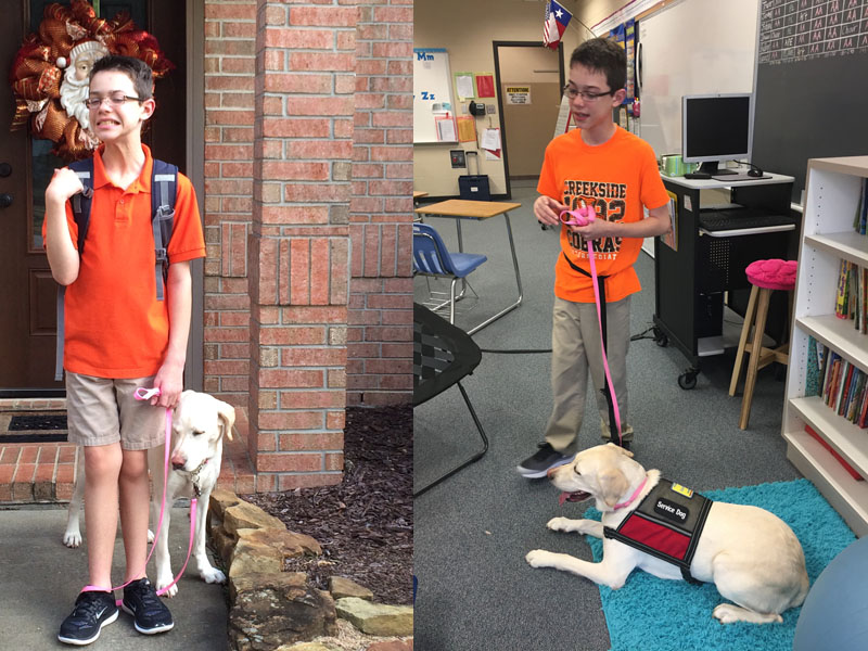 Two photographs side by side: a boy in an orange polo shirt holding a pink leash outside a brick house with a white Labrador, and the same boy in a classroom with the Labrador lying on a blue rug in a red Service Dog vest.