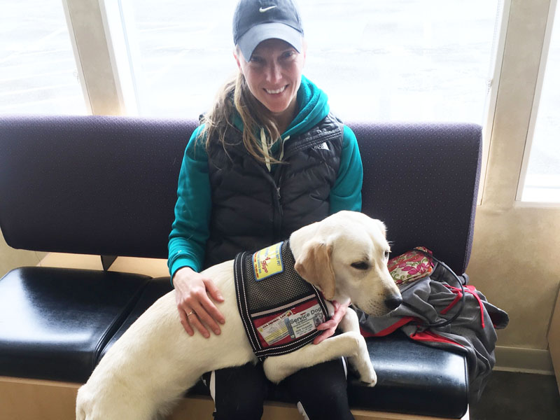 A woman in a cap sits on a bench in a waiting area with a yellow dog in a patched Service Dog vest resting across her lap.