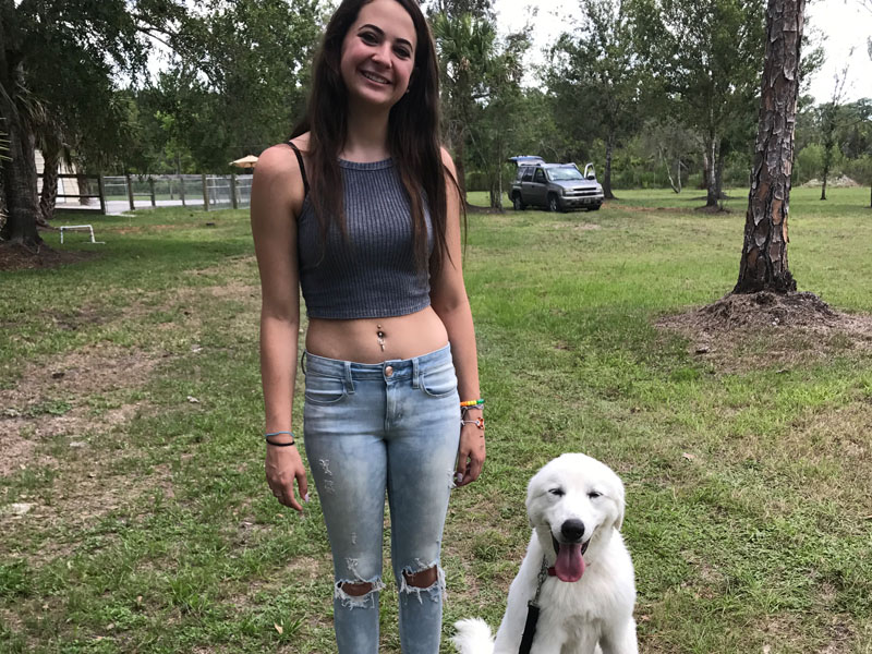 A young woman standing on a grassy lot with a large white long haired dog sitting beside her.