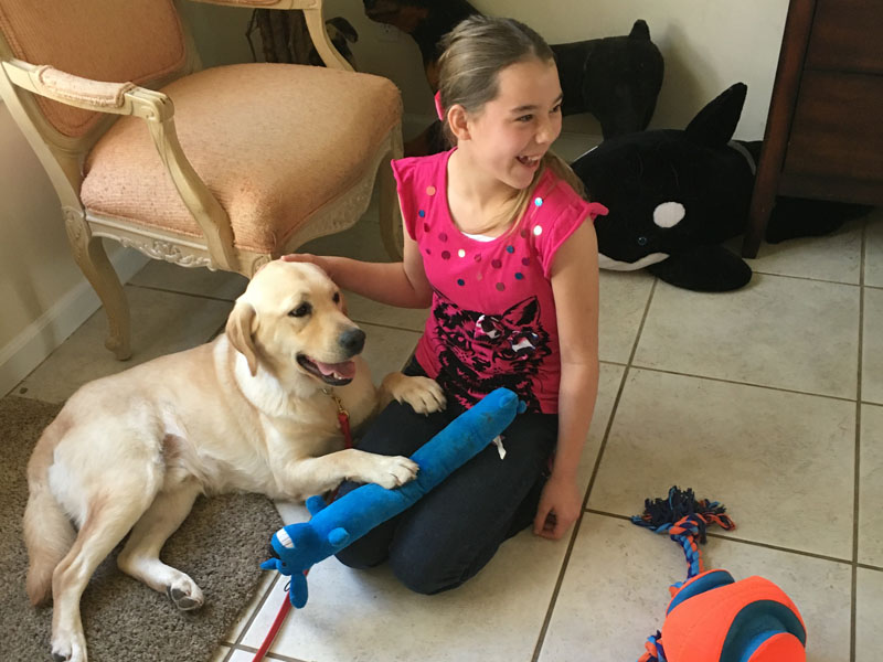 A girl sits on a tile floor laughing beside a yellow Labrador that rests a paw on a long blue plush toy between them.