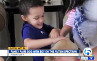 News video still captioned Family pairs dog with boy on the autism spectrum, Palm City: a small boy at a kitchen counter with an adult standing beside him.